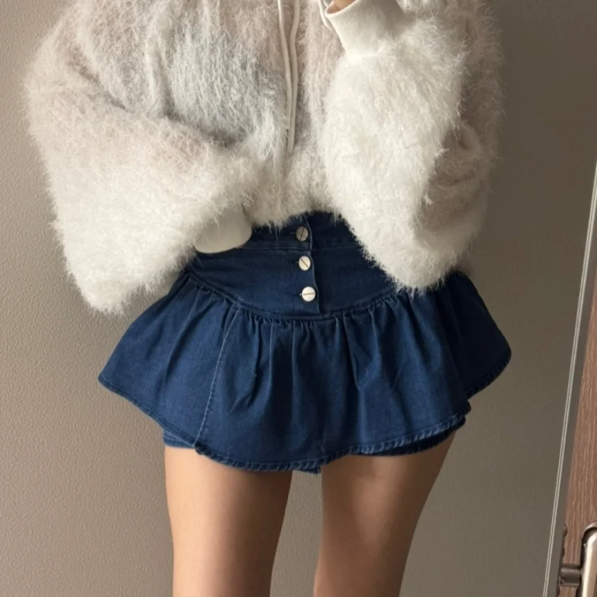 

Джинсовая юбка А-силуэта с высокой талией, плиссированная, укороченная, для женщин, весна-лето, модная, стройнящая