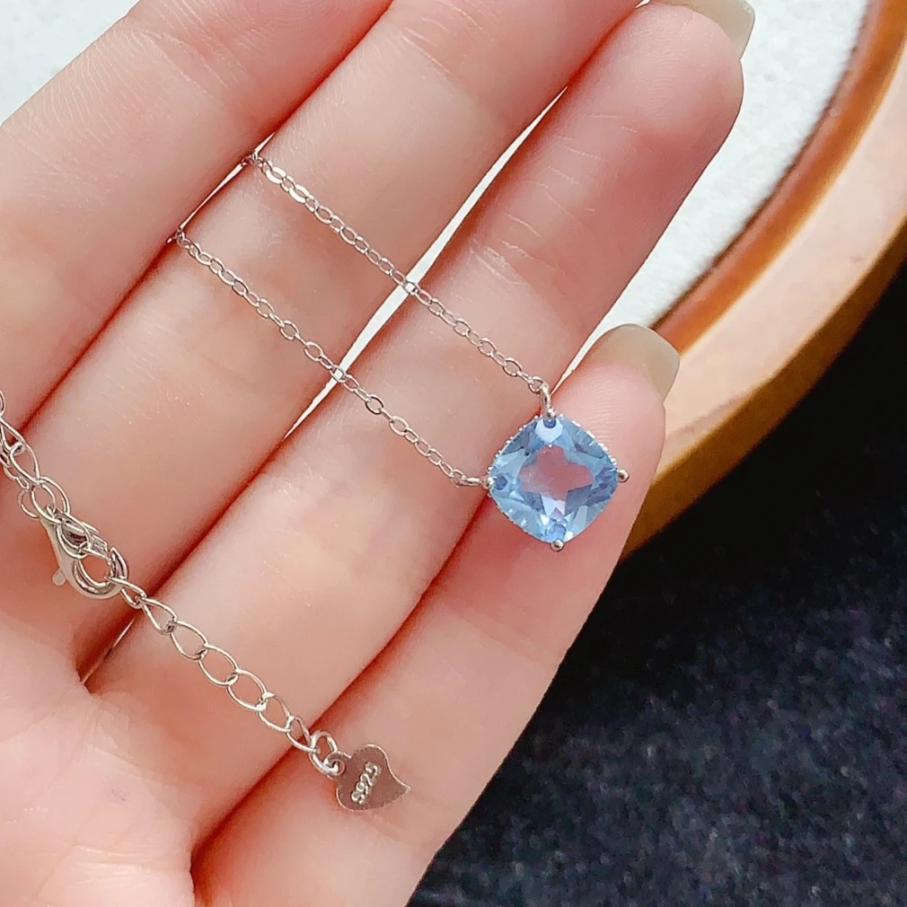 925 Silver Light Blue Topaz Pendant 8mm 2ct Natural Topaz Pendant with Certificate Silver Fine Jewelry Birthday Gif for Women