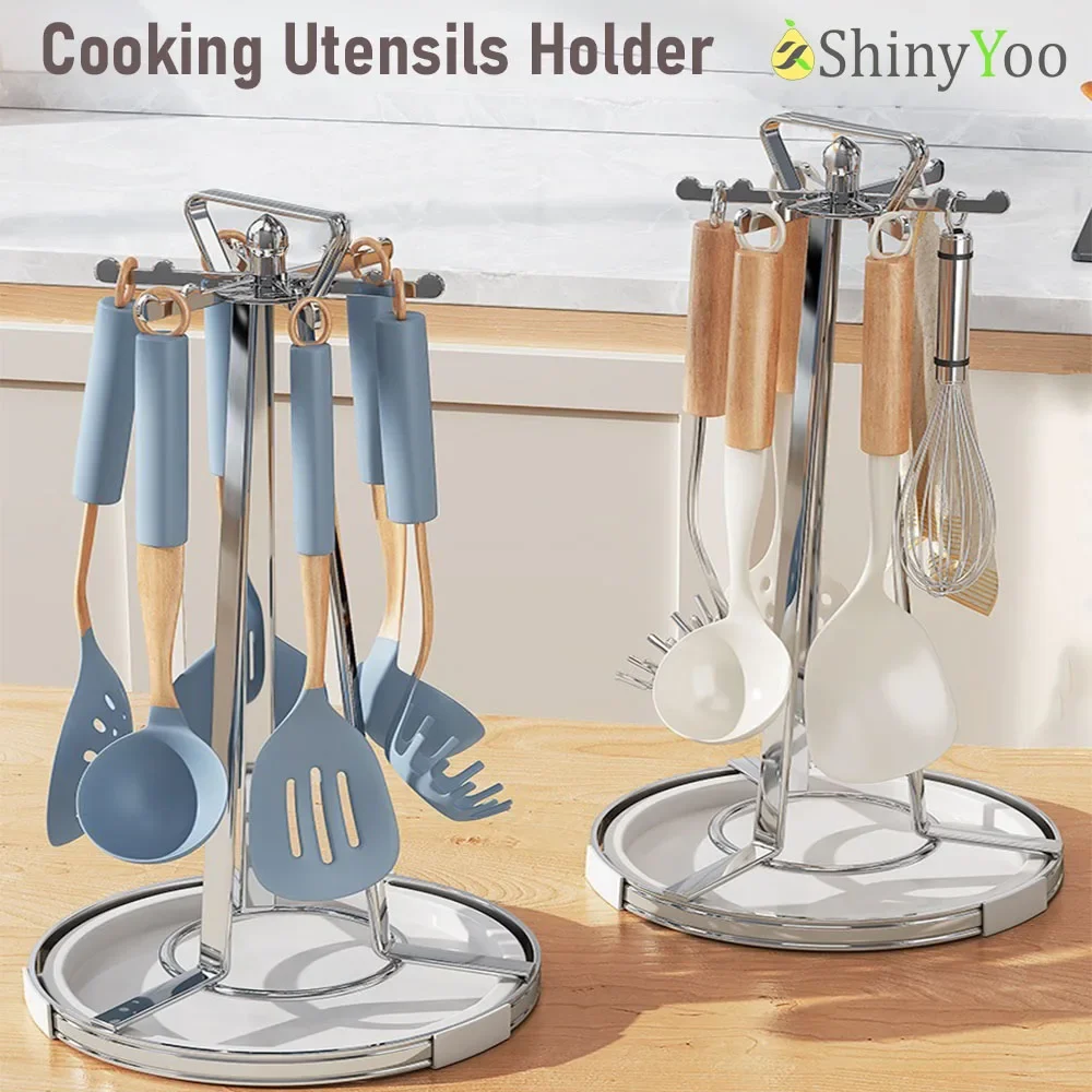 

Kitchen Countert Cooking Utensils Spatula Spoon Holder 360 Rotated 6 Hooks Hanger Kitchen Storage Organizer Rack Spatula shelves