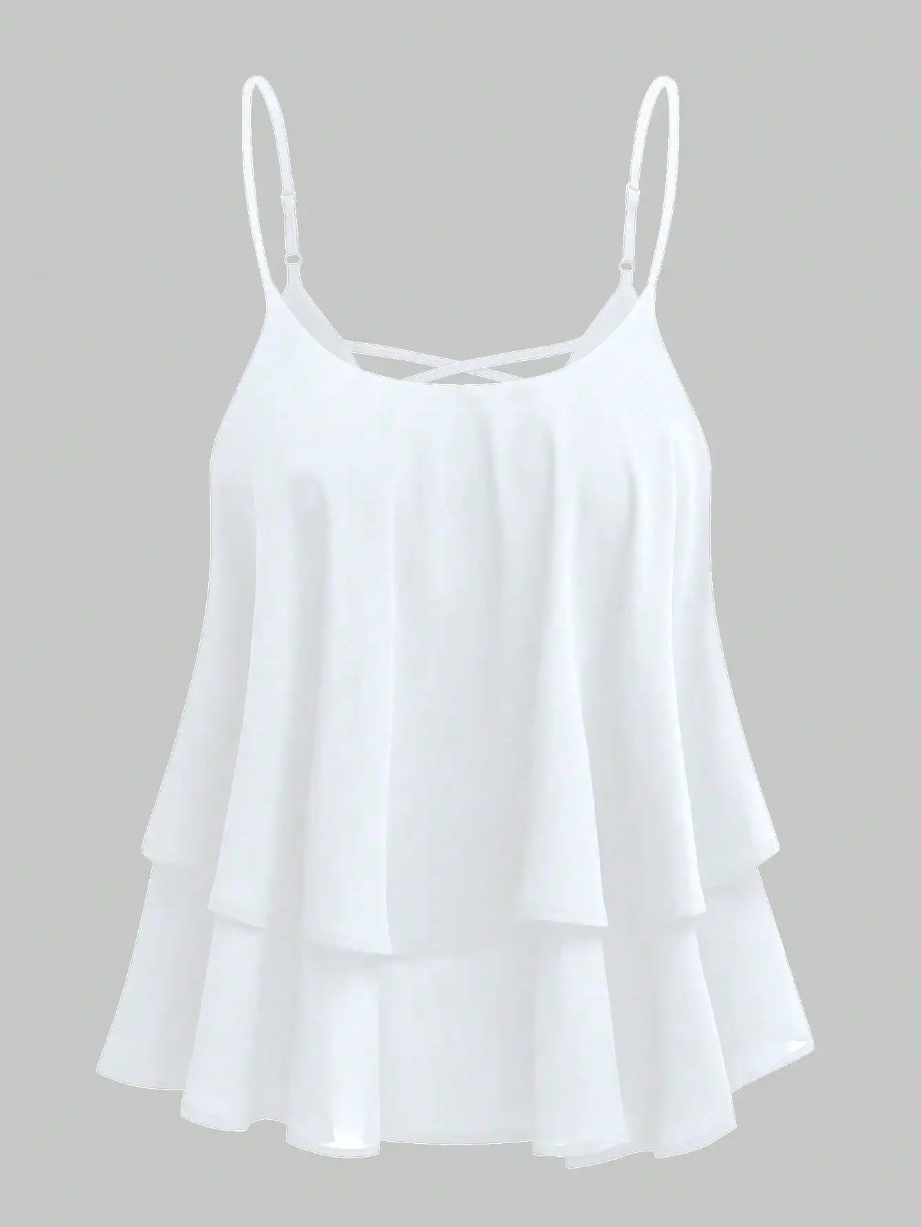 Ärmelloses Chiffon-Camisole-Top für Damen – Doppellagiger Rüschensaum, elegante weiße Sommerbluse für Freizeit- und Partykleidung – Detail 4
