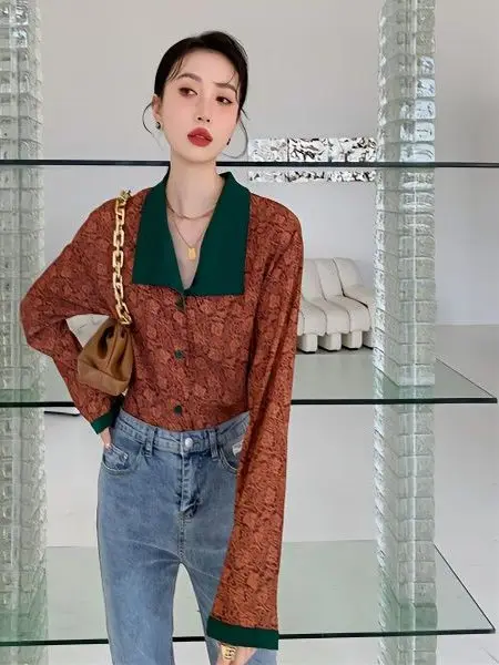 

Ретро Гонконг Sle женский винтажный длинный винтажный топ с цветочным принтом све с отложным воротником весна-осень цветной дизайн Blo Design