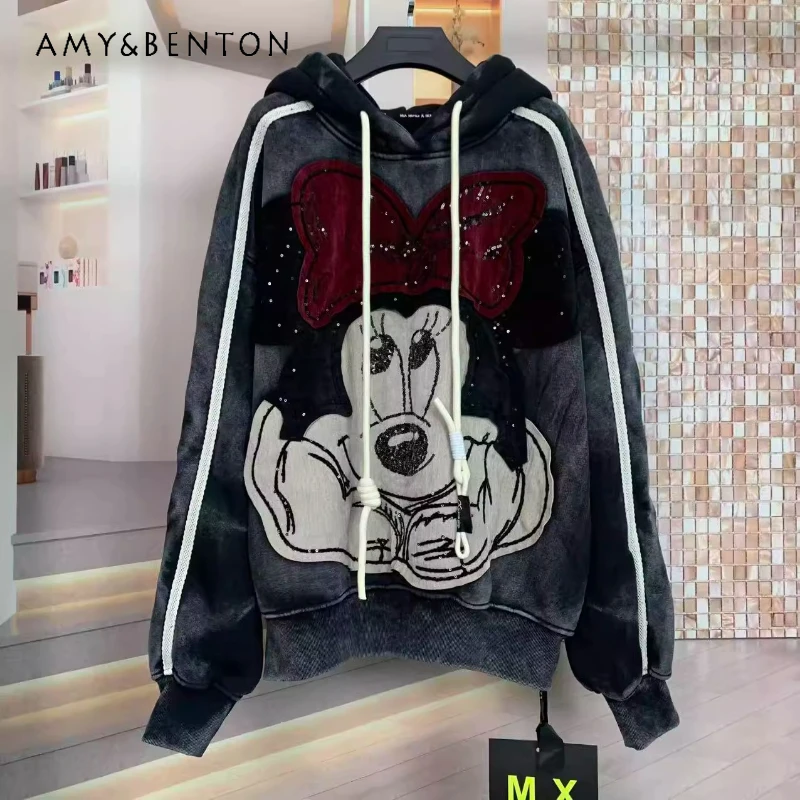 Hoodie Bordir Tebal Anti-Penuaan, Model Kartun Longgar Modis, Sweatshirt Berkerudung Tebal untuk Wanita, Musim Gugur Terbaru, Bahan Fleece, Sudaderas