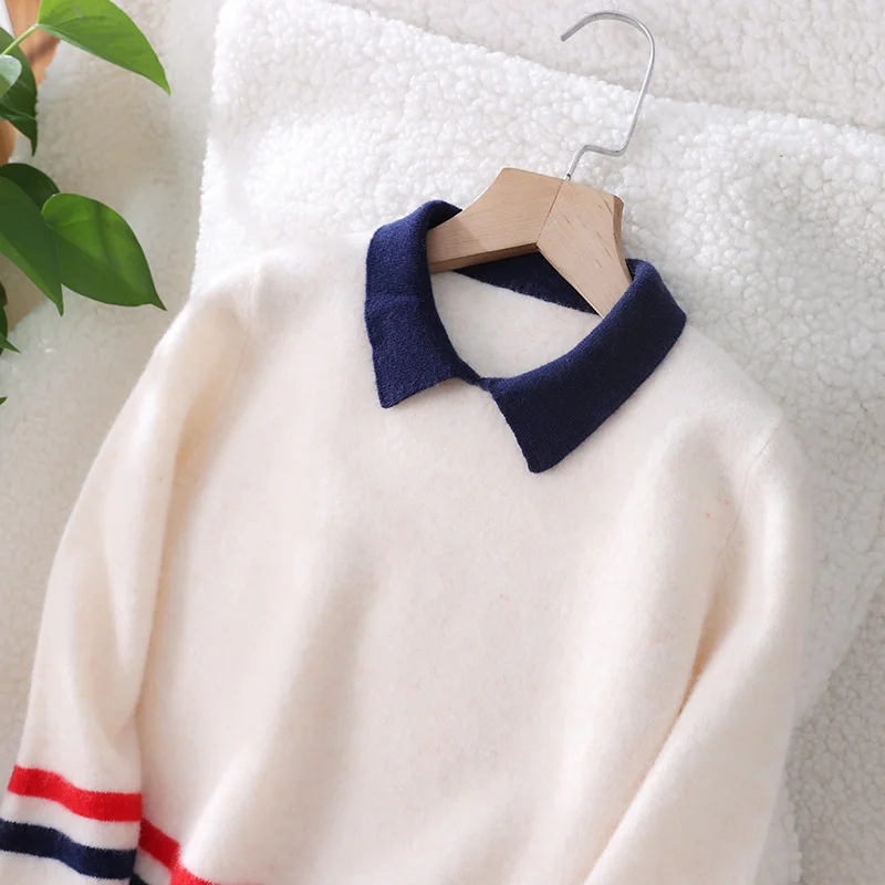 

Turn-Down Collar Unisex Style 100% Merino Wool Sweater Autumn And Winter Pullover Long Sleeve Children's Clothing Tops