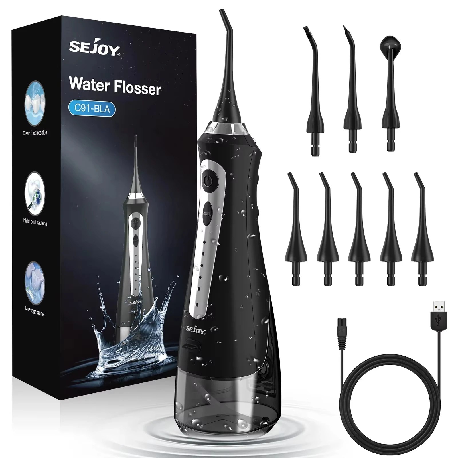 

SEJOY Water Flosser Irrigator Dental Teeth Whitening strips Portable 230ML Tank 5 Modes 5 Jet Tips