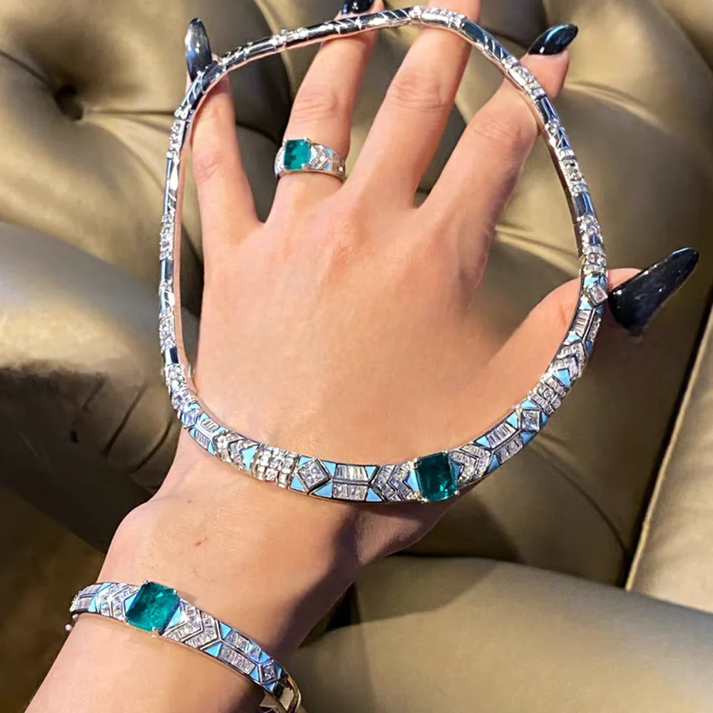 

925 Sterling Silver Emerald Green Square Gemstone Necklace Bracelet Bangle Rings Jewelry Sets With 5A Zircon For Women