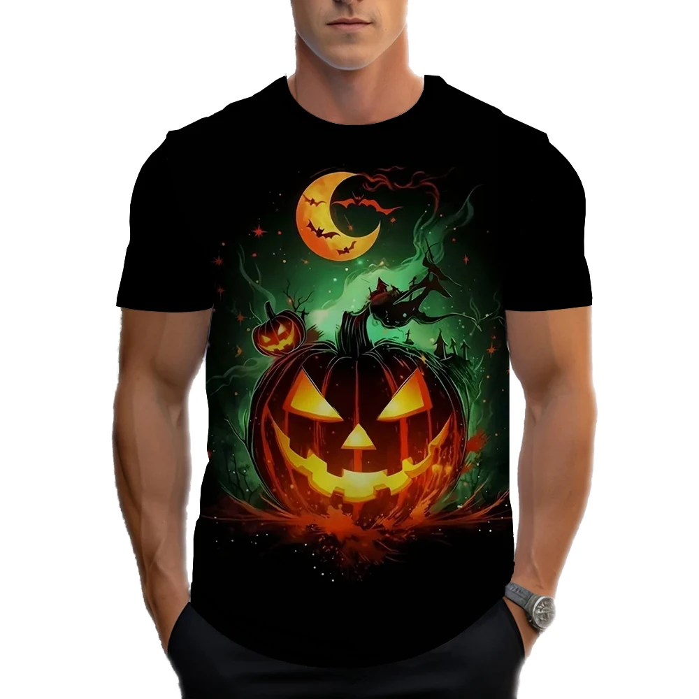 Men's Halloween Pumpkin 3D printed T-shirt,polyester knit fabric,round neck casual style,slightly elastic,weird night theme