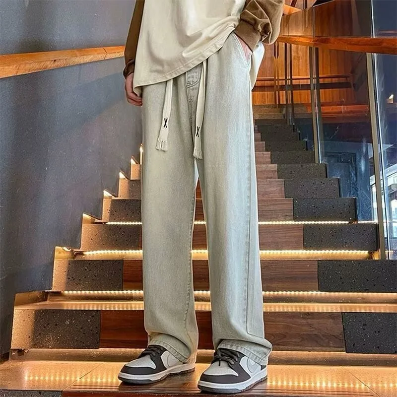 

2026 Men Vintage Jeans Spring Fashion Trend Loose Straight Leg Elastic Waist Denim Pants Male High Street Wide Leg Trousers