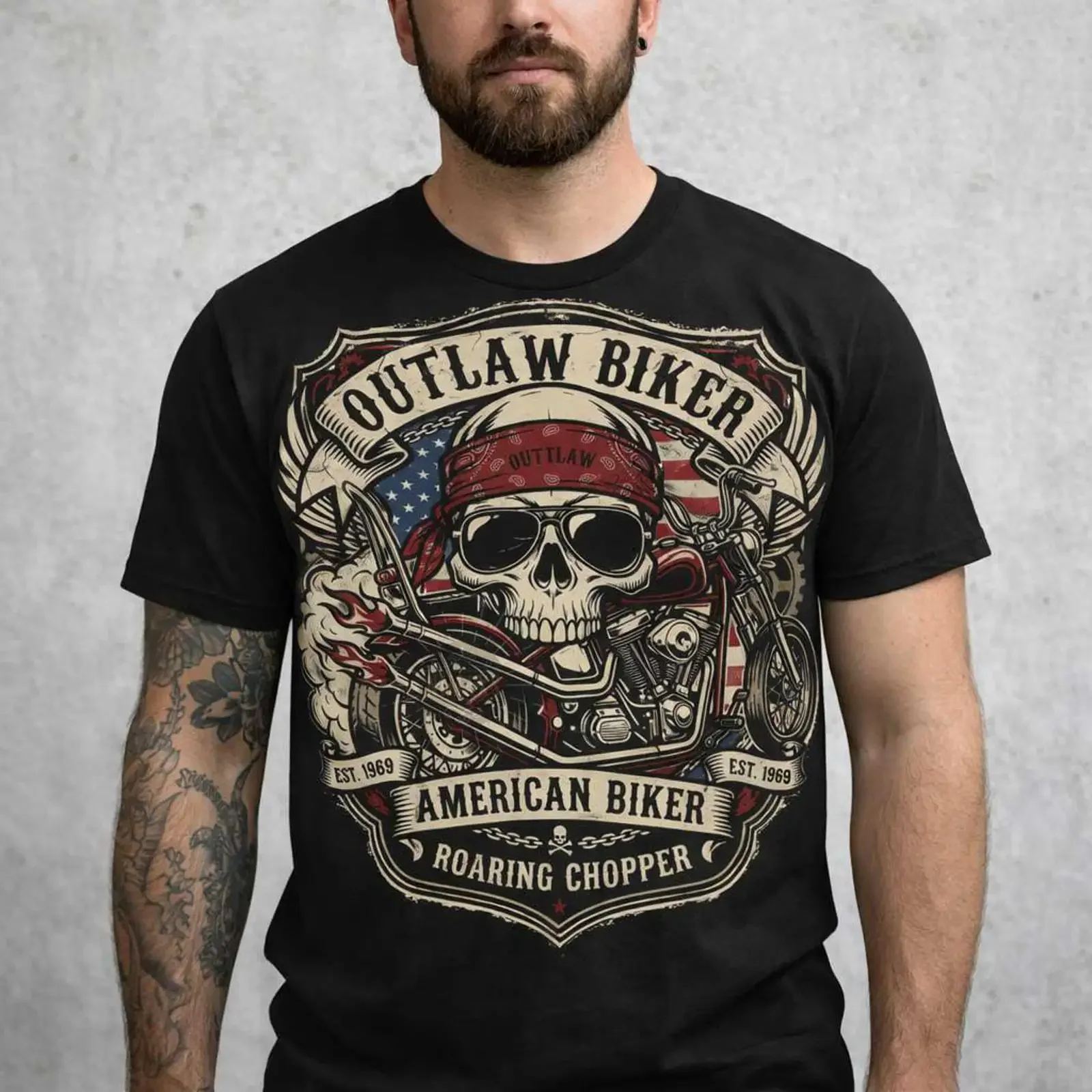 Outlaw Biker Skull PNG American Flag Chopper Digital Download vintage Washed homme streetwear Top For Everyday Wear Soft