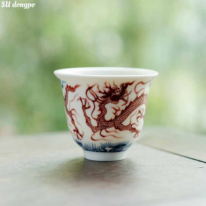 

125ml White Ru Blue and White Glazed Dragon Pattern Black Tea Teaup Ceramic Chinese Style Big Capacity Bell Tea Cup