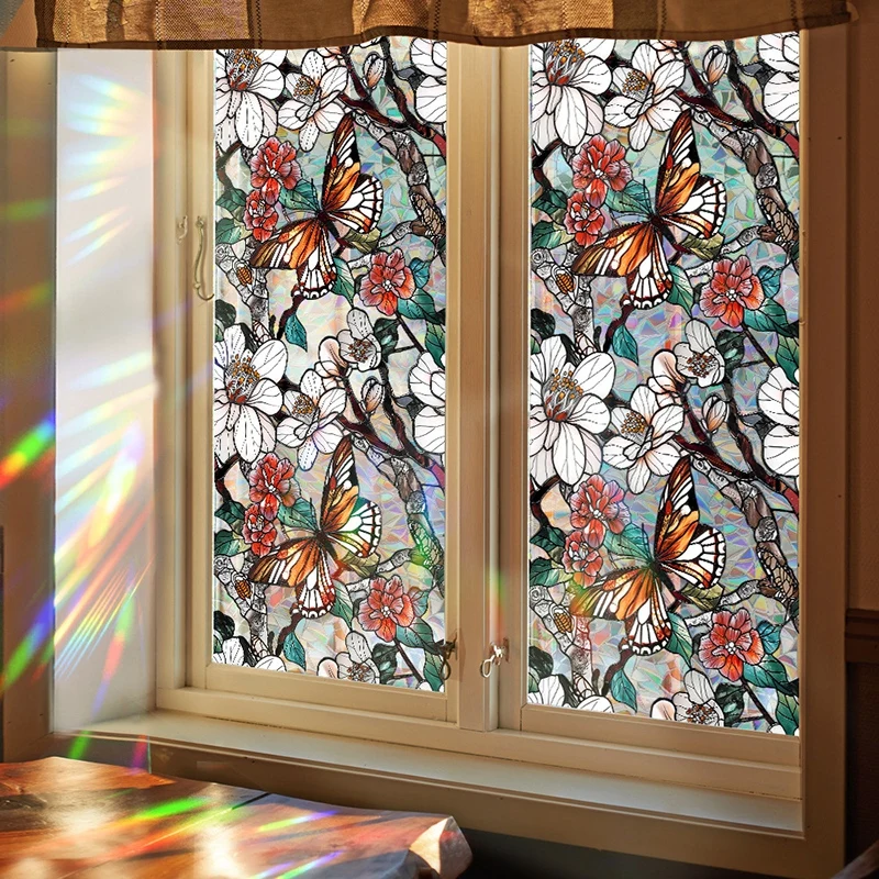 Laser Flower Window Film Privacy Windows Sticker Static Cling Window Film Vinyl Stained Glass Butterfly Bathroom Door Decoartion