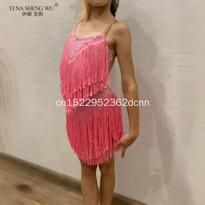 فستان الرقص اللاتيني أزياء المنافسة تنورة أداء أحجار الراين الكبار الأطفال شرابة ألوان مختلفة أحمر برتقالي أزرق وردي