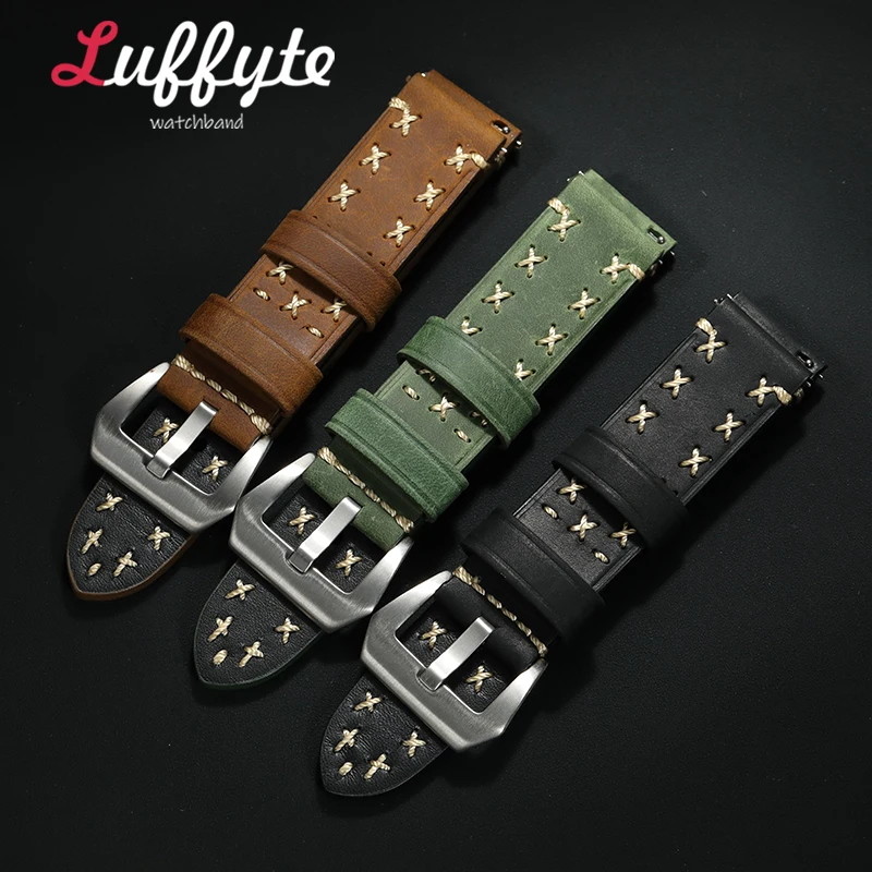 Premium Crazy Horse Leather Watch Strap Men 20mm 22mm 24mm Thick Handmade Stitched Band Quick Release Bracelet Replacement Parts