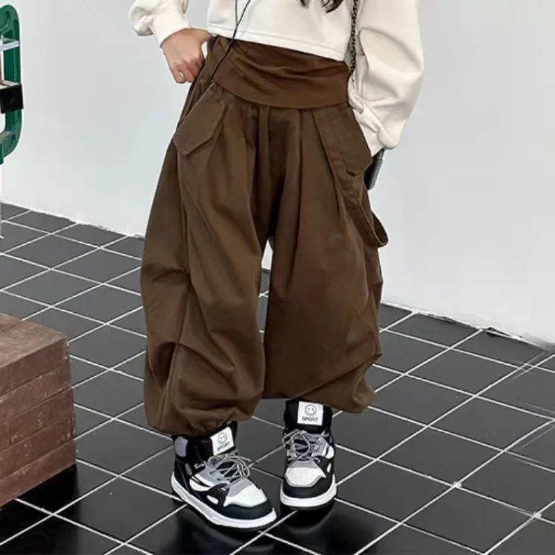 Girls' Cargo Pants Spring 2026 Adjustable Waist Casual Long Pants for Toddlers Kids Trendy Military Design with Multi Pockets