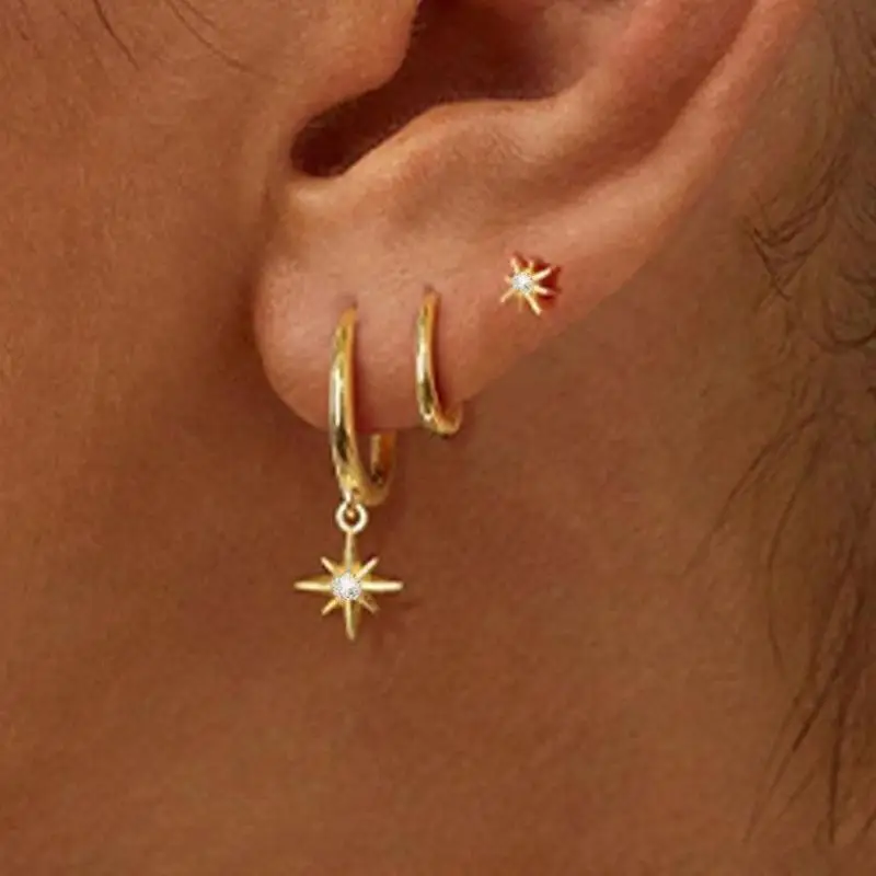 Y2K Style 3Pcs Round Star Dangle Earrings Set for Women Gold Silver Color Drop Earrings for Street Shooting
