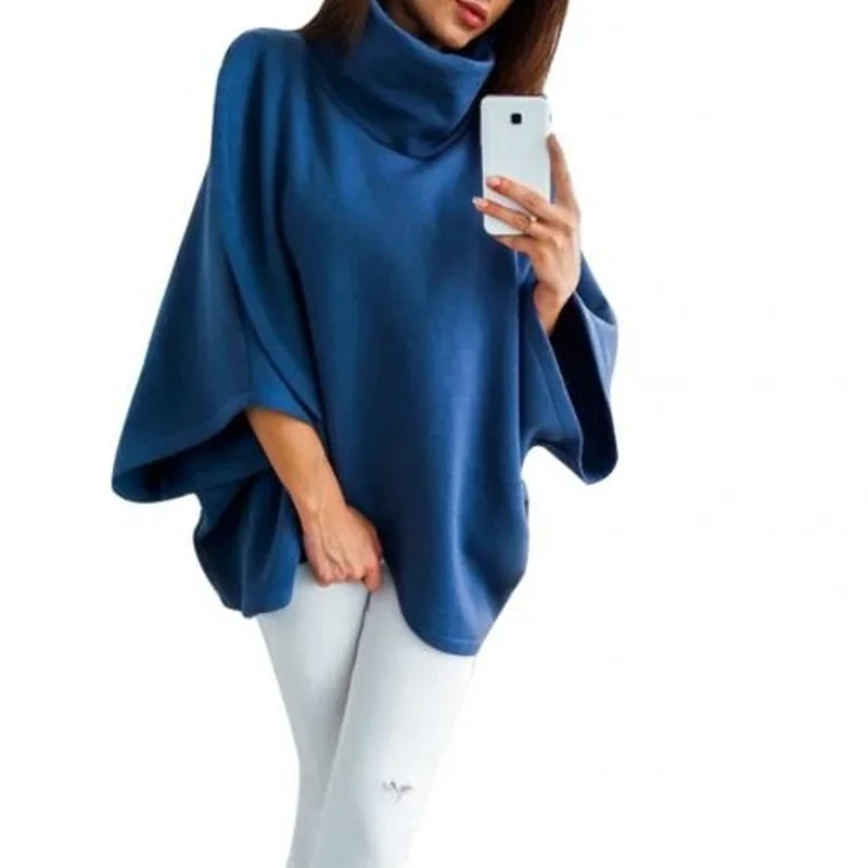 Sudadera asimétrica de cuello alto para mujer, capa de lana, Poncho de ala de murciélago a la moda, abrigos cálidos, capa de invierno, Jersey sólido