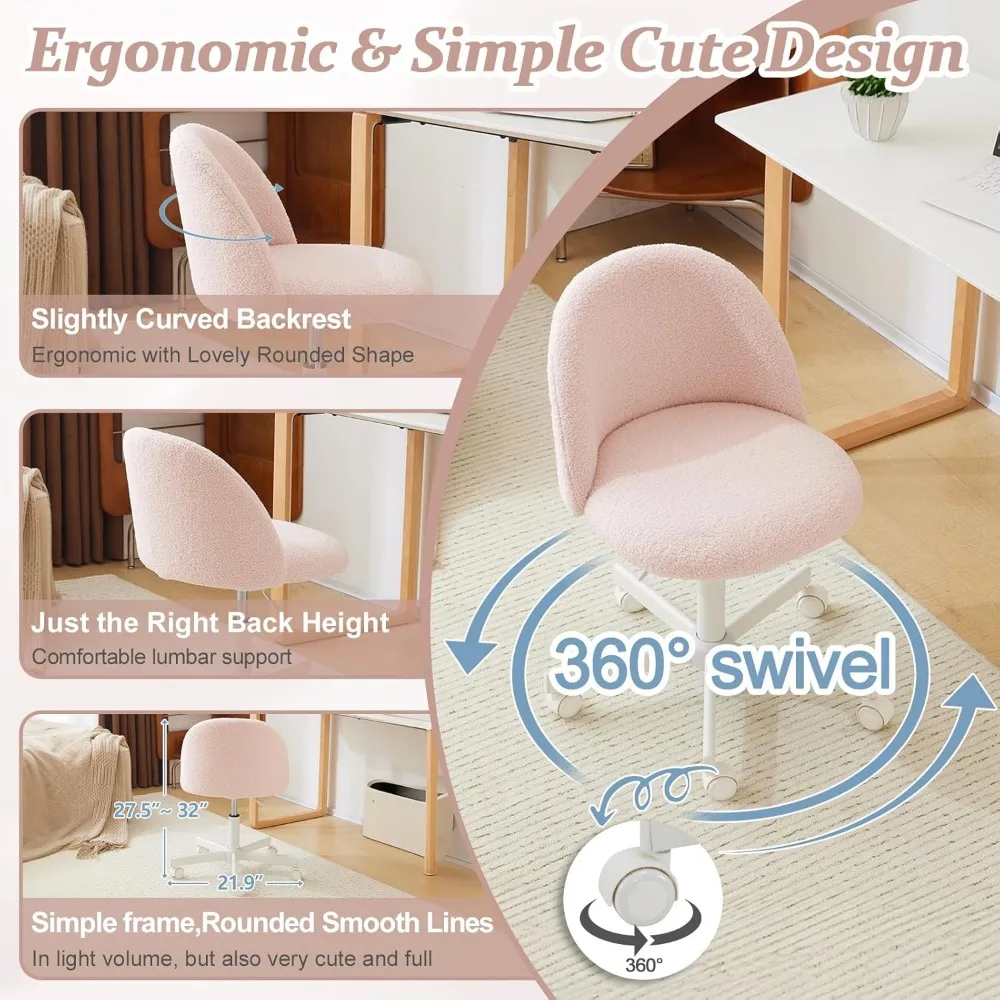Vanity Chair with Lumbar Support,Teddy Adjustable Rolling Swivel Computer Task Chair for Home Office,Bedroom