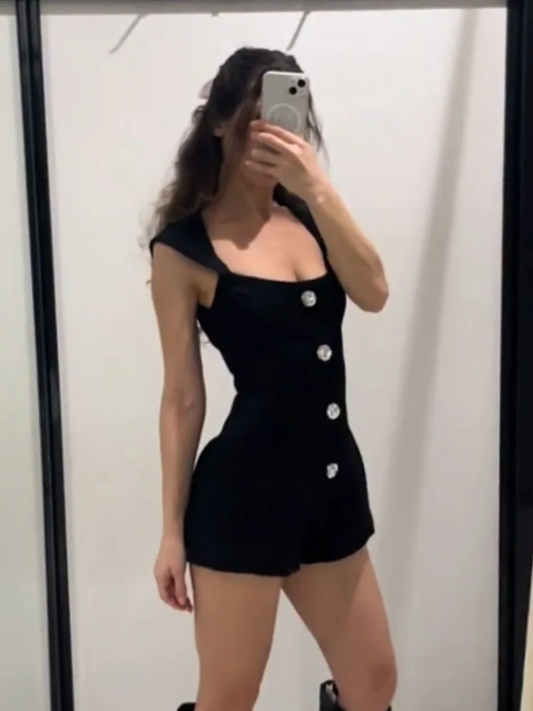 

HH летние модные женские короткие комбинезоны с черным квадратным воротником без рукавов, однобортные женские сексуальные тонкие комбинезоны на молнии