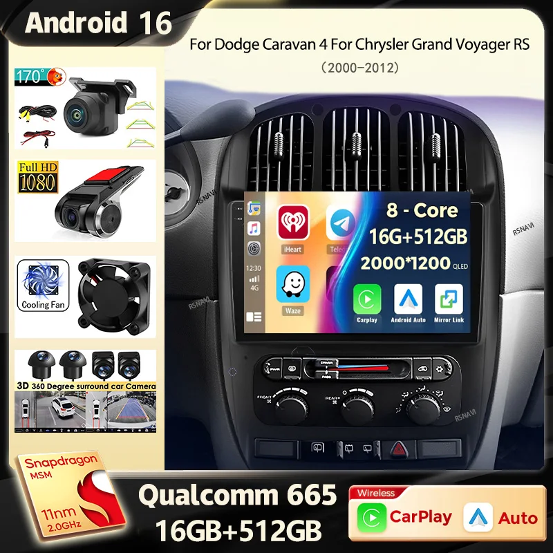 Radio para Auto Android 16 para Dodge Caravan 4, para Chrysler Grand Voyager RS 2000 - 2012, Navegación GPS, Reproductor Multimedia de Video, Estéreo