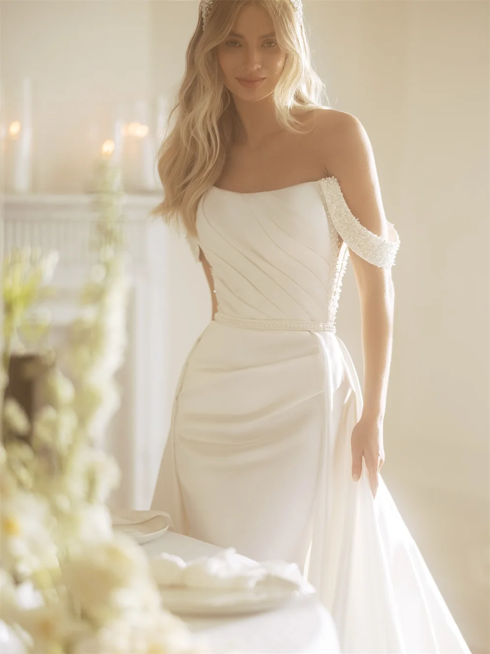 Suknia ślubna w stylu syreny, biała, bez rękawów, z odkrytymi ramionami, zapinana na zamek z tyłu, z trenem typu court, suknia wieczorowa, Kyoto Customized, 2026