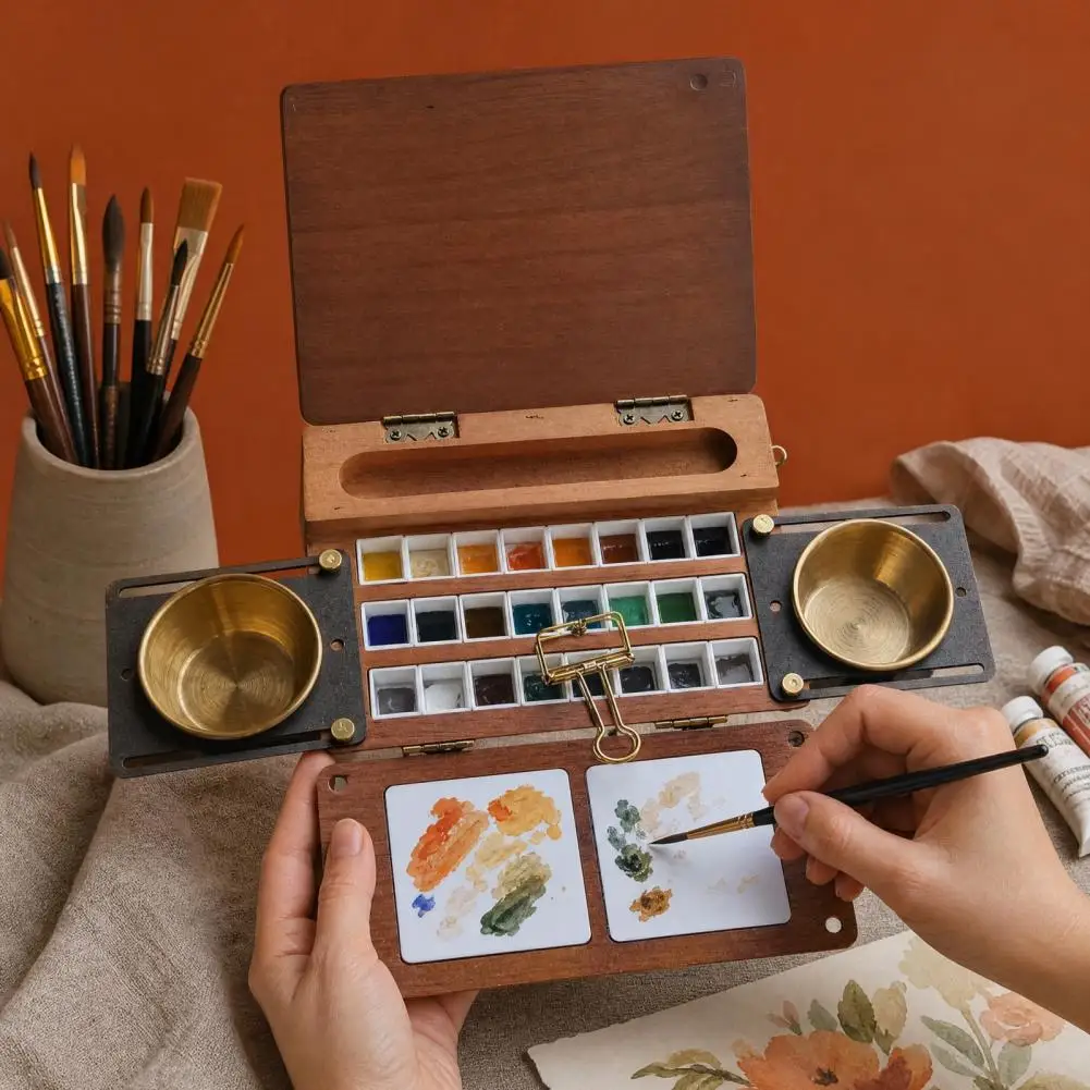 Boîte de palette d'aquarelle à 24 compartiments, palette de peinture de voyage avec porte-pinceaux, deux zones de mélange, boîte à peinture en bois pour la peinture