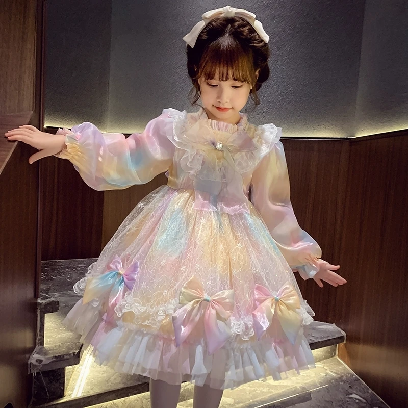 Lolita Baby Girl Princess Dress Fashion Children's Puffy Rainbow Mesh Lace Bow Children Dress Kids Clothes For Holiday Christmas