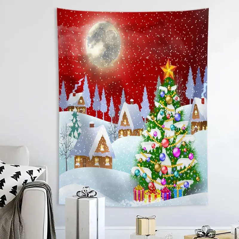 VIKAMA Watercolor Snow Scene Christmas Tree Tapestry, HD Wear-Resistant Background Cloth for Winter Living Room Decor