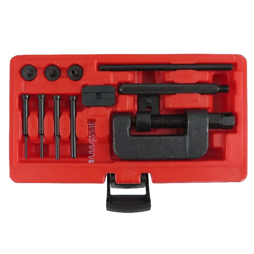 13Pcs Riveting Repair Tool Kit With Red Case Motorcycle Bike Heavy Duty Splitter Link Riveter Set Cam Drive Chain Breaker
