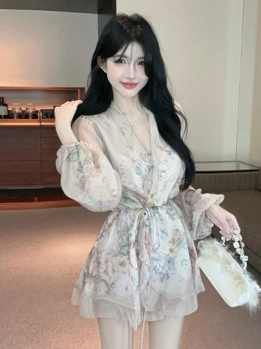 

Сладкая сексуальная юбка-фонарь с v-образным вырезом, шифоновая юбка с завязкой на талии, праздничное платье трапециевидной формы с кружевной отделкой для женщин