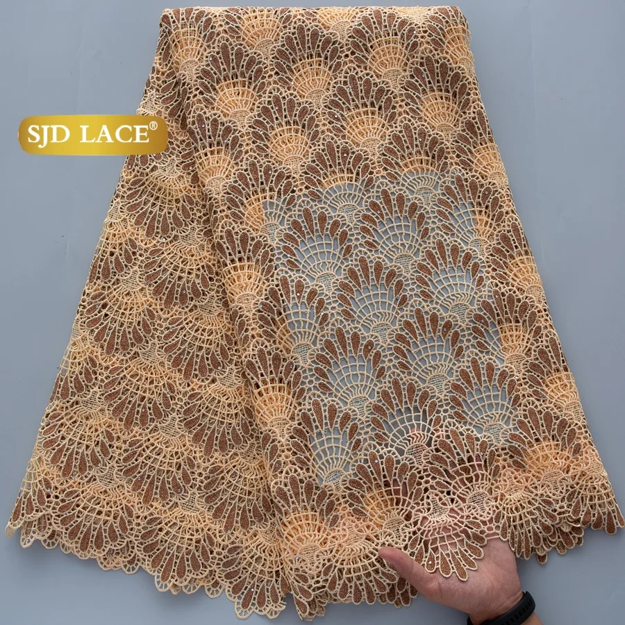SJD LACE African Cord Lace Fabric with Sequins 5 Yards Embroidery Guipure Lace Nigerian Lace Fabric for Wedding Party Dress 5079