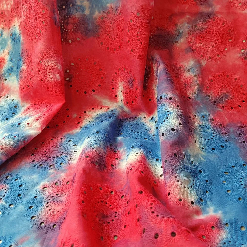 

Latest multi-color 100% cotton Tie-dye openwork embroidery fabric for clothing, bags, tablecloths, curtains, designer fabrics