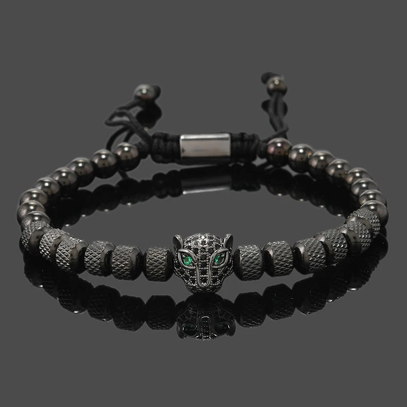 Pulsera de lujo con cabeza de leopardo negro real para hombre, cuentas de acero inoxidable, joyería de mano, regalo para niño grande