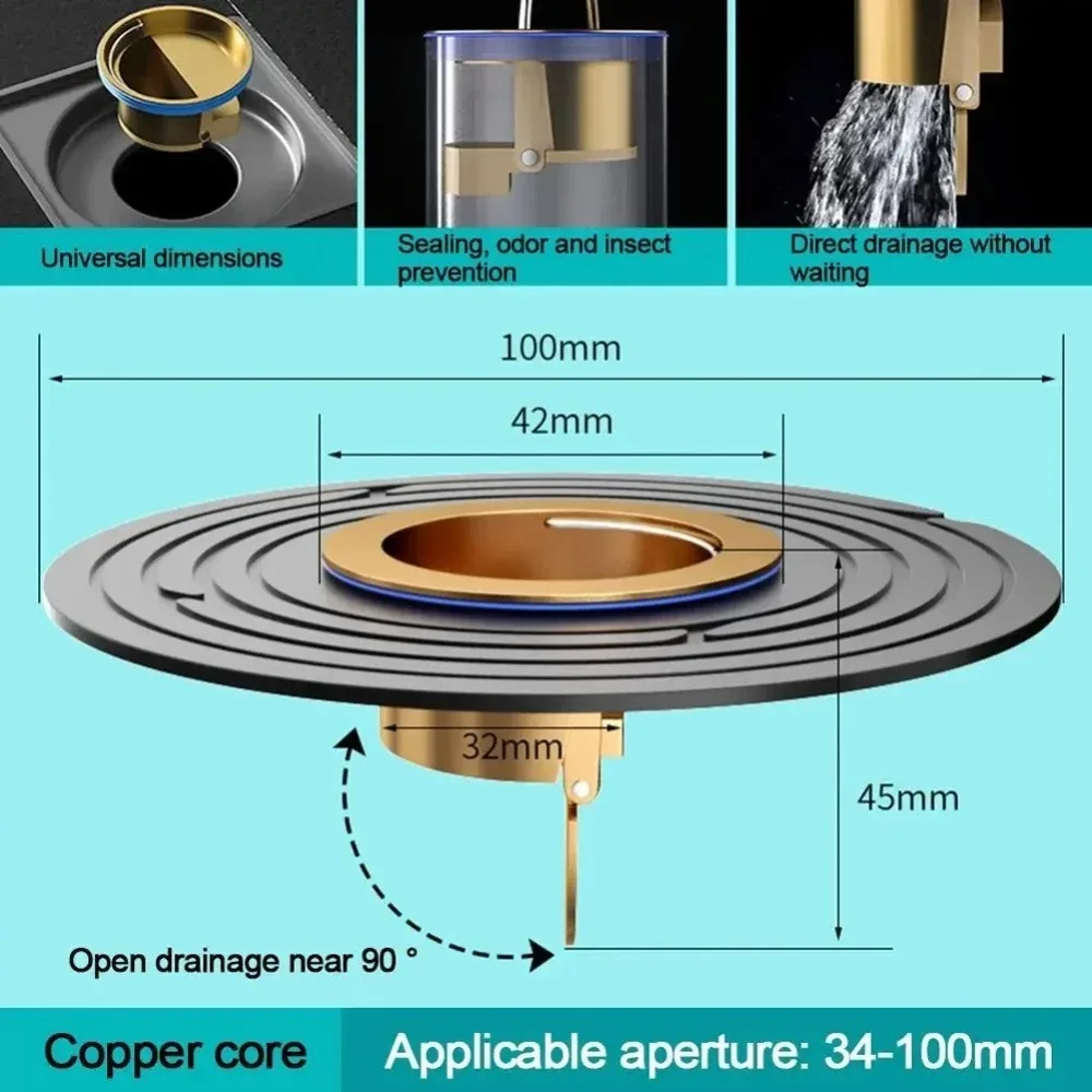 Large Size Brass Floor Drain Core Odor & Insect Proof Bathroom Sewer Rapid Drain Quick in for Enhanced Plumbing Efficiency