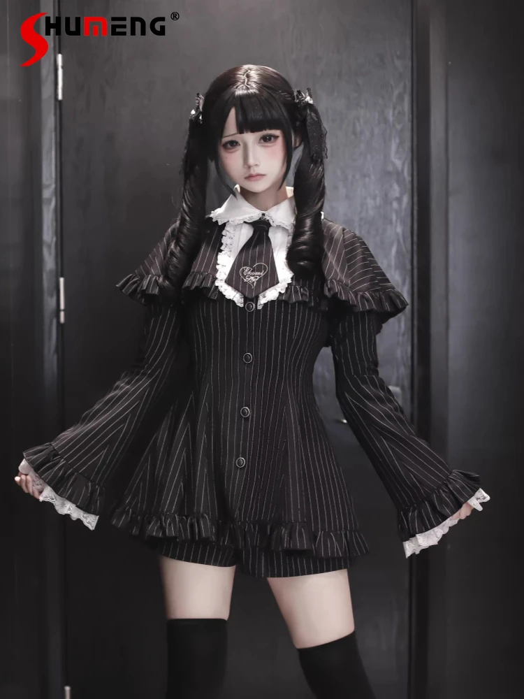 

Original Japanese Mines Style Subculture Striped Dresses Sets Cape Long Sleeve Slim Short Dress Shorts Two-Piece Set for Women