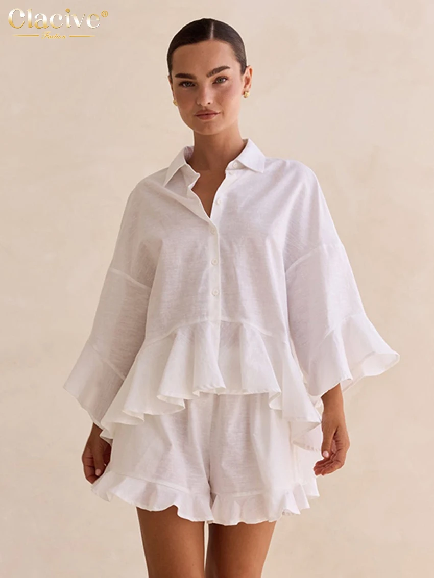 

Clacive Fashion Loose White Cotton Women's Two Pieces Set Elegant Long Sleeve Shirt With High Waist Shorts Set Female Clothing