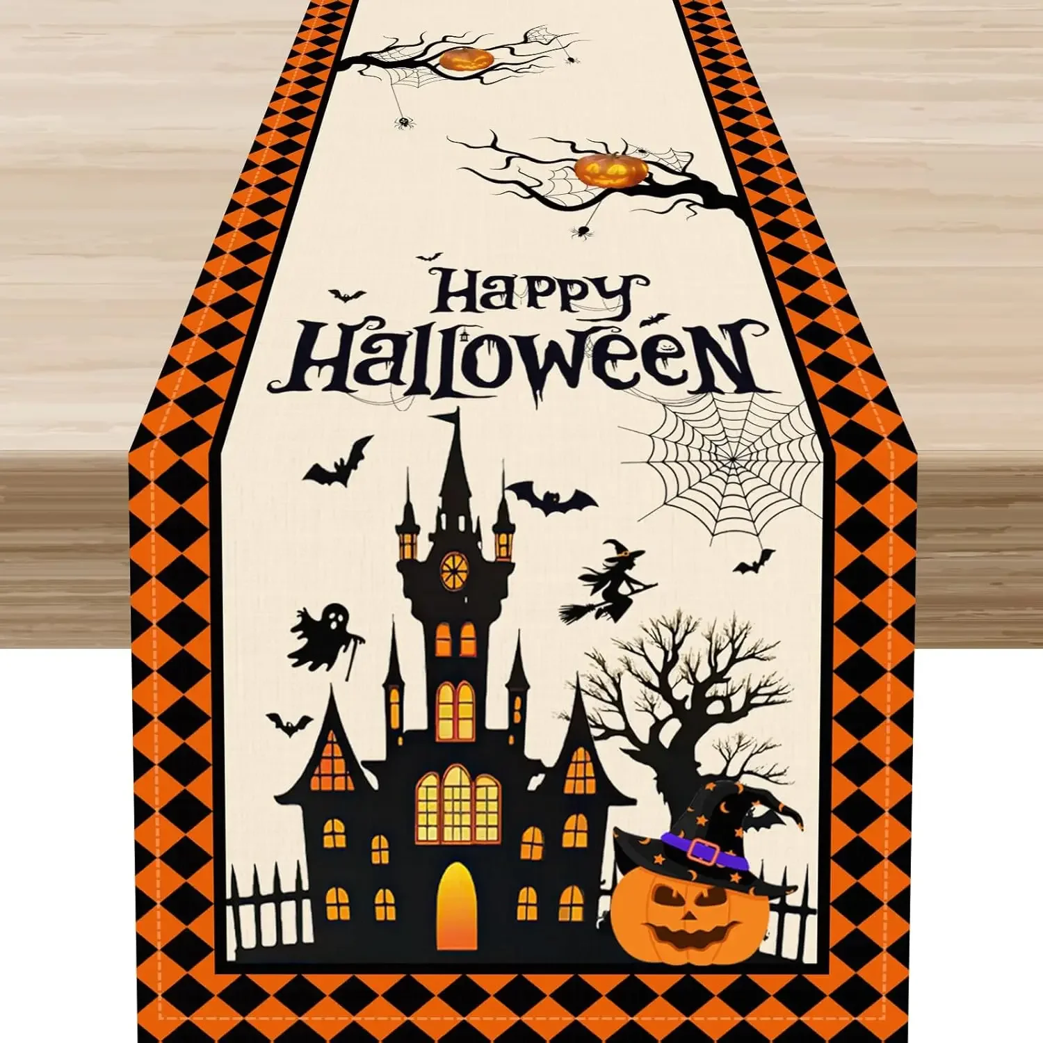 Halloween haunted house witch bat spider linen table runner table decoration reusable kitchen dining table flag party decoration
