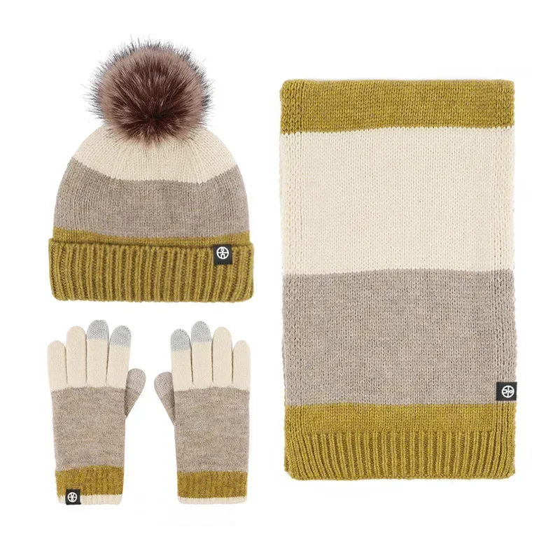 3pcs/set Winter Beanie Hat Scarf Touch screen Gloves Set for Women Warm Knit Fleece Lined Hat Set Real Fox Fur Ball Cap