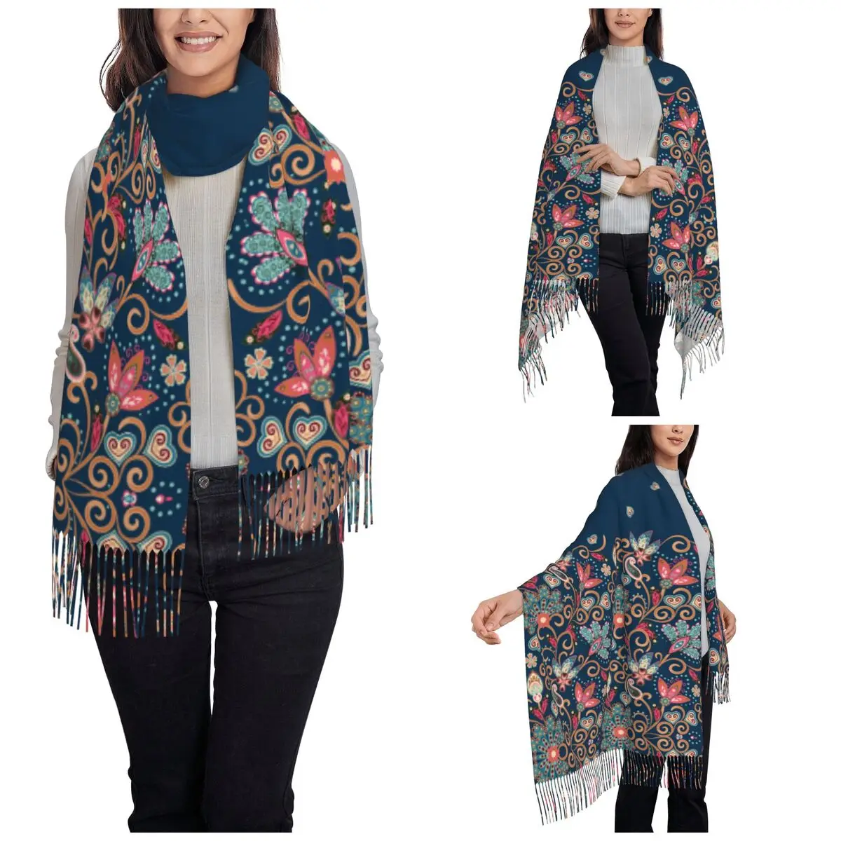 Women's Tassel Scarf Paisley Pattern Mandala Flower Long Soft Warm Shawl Wrap Luxury Elegant Floral Gifts Pashmina Scarves