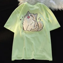 Summer Women Cute Furry Cat Embroidered Short Sleeved T-shirt Women Kawaii Flocking Tshirt Young Girls Lover Matching Tee Top