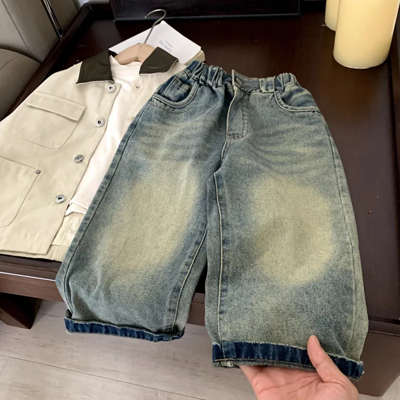 

Джинсовые брюки для мальчиков, весенне-осенняя верхняя одежда, повседневные простые длинные брюки, детская одежда, 2025 г., модные винтажные брюки в корейском стиле