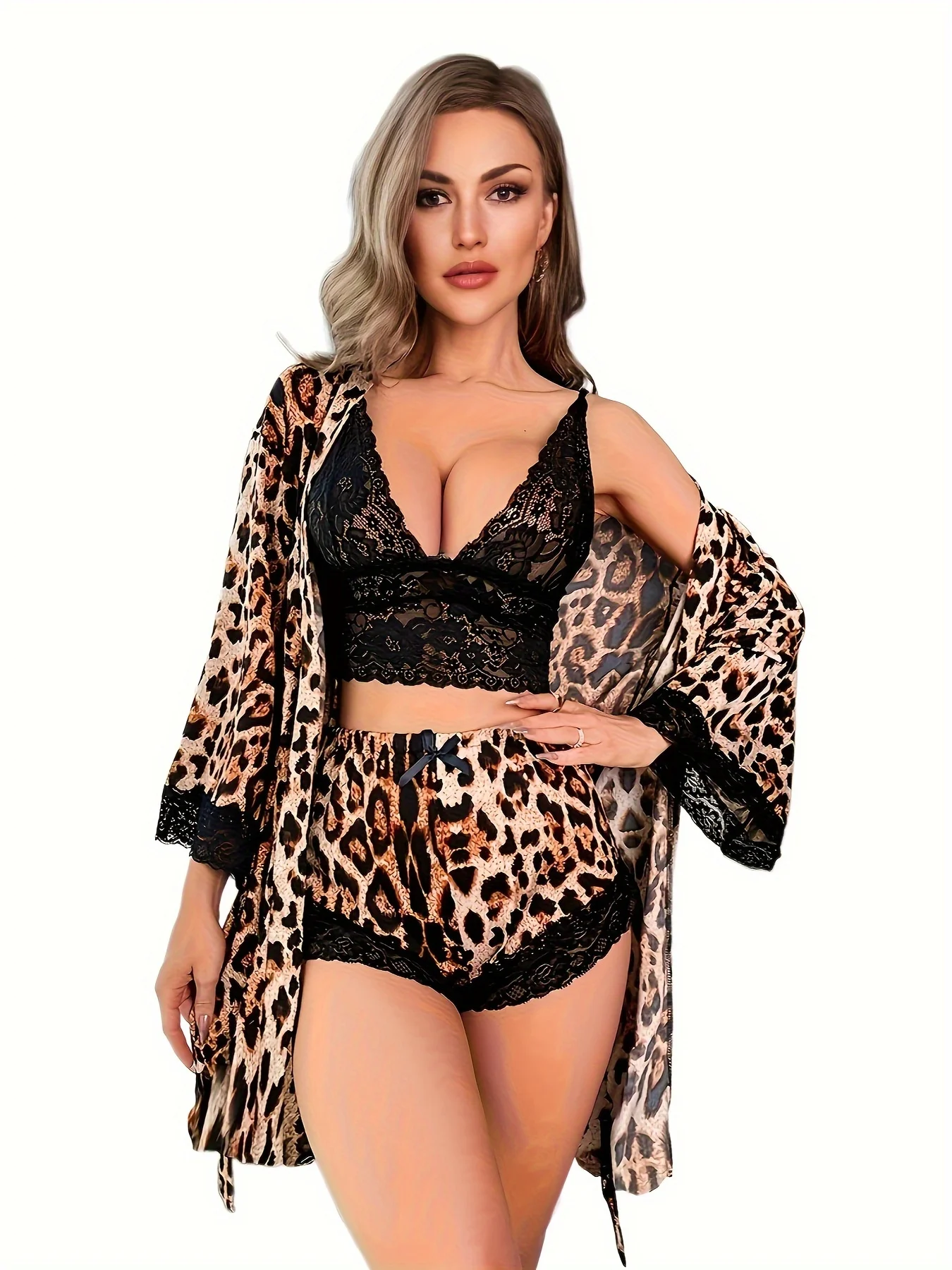 

4-piece Summer Pajamas - Sexy Leopard Print Women's Nightgown - Includes Robe Belt, Lace Top and Shorts Summer Dress Nightgown