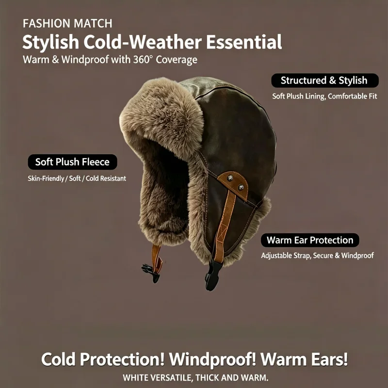 Men Women Unisex Wintervintage hat Thick Plush Earflap Warm Fleece Lined Windproof Motorcycle Riding Ski Cap