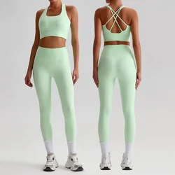 Naked Feel Yoga Set donna Fitness Sportswear 2 pezzi reggiseno sportivo con spalline a vita alta Leggings da palestra abbigliamento da allenamento abbigliamento attivo