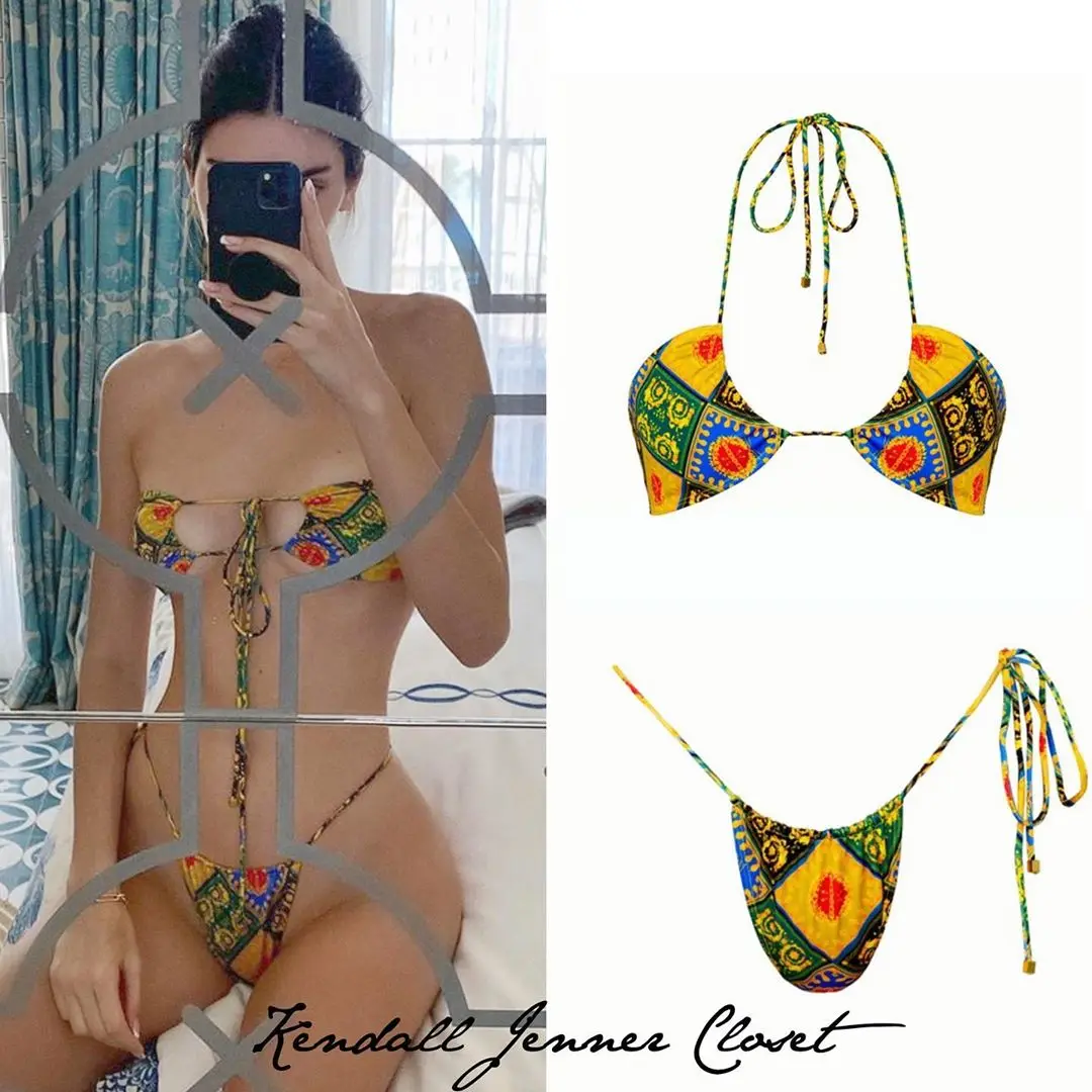 

K Jenner Summer Bikini Baroque-inspired Print Brazilian Tie Side Bikini Strings Bikinis