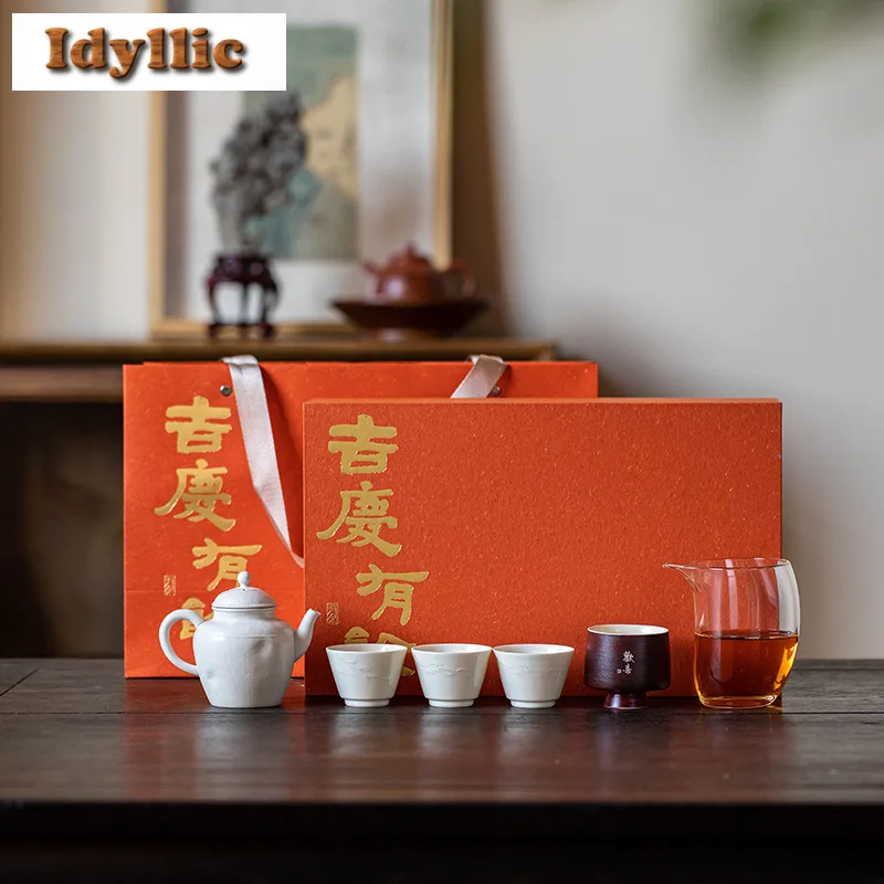 

Ding Kiln Relief Horseshoe Tea Set Complete Set Antique Tea Ceremony Set Household Teapot And Tea Cup Set Drinkware Decoration