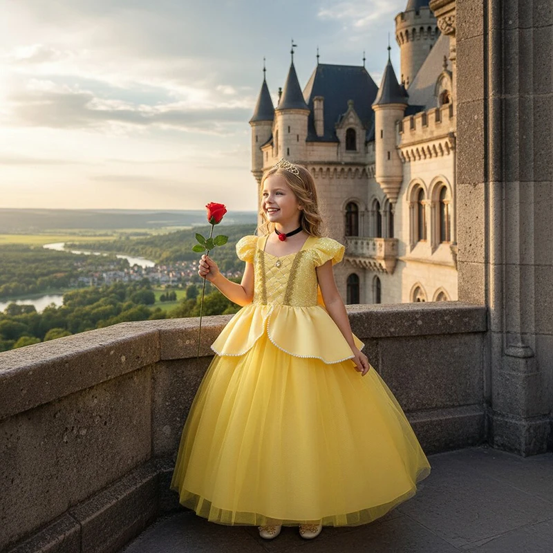 2026 Mädchen Cosplay Gelbes Rückenschleifen-Kostüm Belle Prinzessin Luxus-Kleid Halloween Abschlussball Geburtstag Vestidos Party Kinderkleid