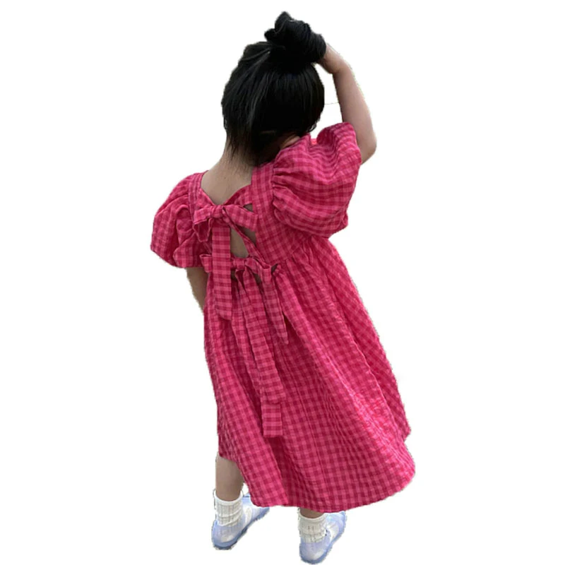 Girls\' Dresses Bubble Sleeved Plaid Tie Up Princess Dress Summer New Plaid Dress Girls Fashion Kids Outfit Children Girl Clothes