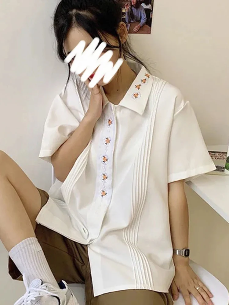 Zoki Vintage Print Sweet White Shirt Japan Loose Embroidery Blouse Summer Elegant Short Sleeve Preppy Style Female Casual Tops