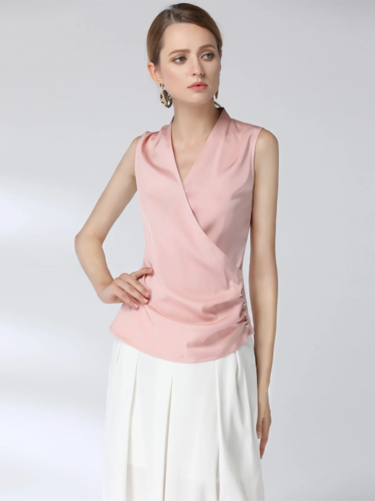 

Silk irt Svel V-ne Pleated High-end Ladies Silk Vest Women's Regular Length Slim Fit Street Sle Pure Color