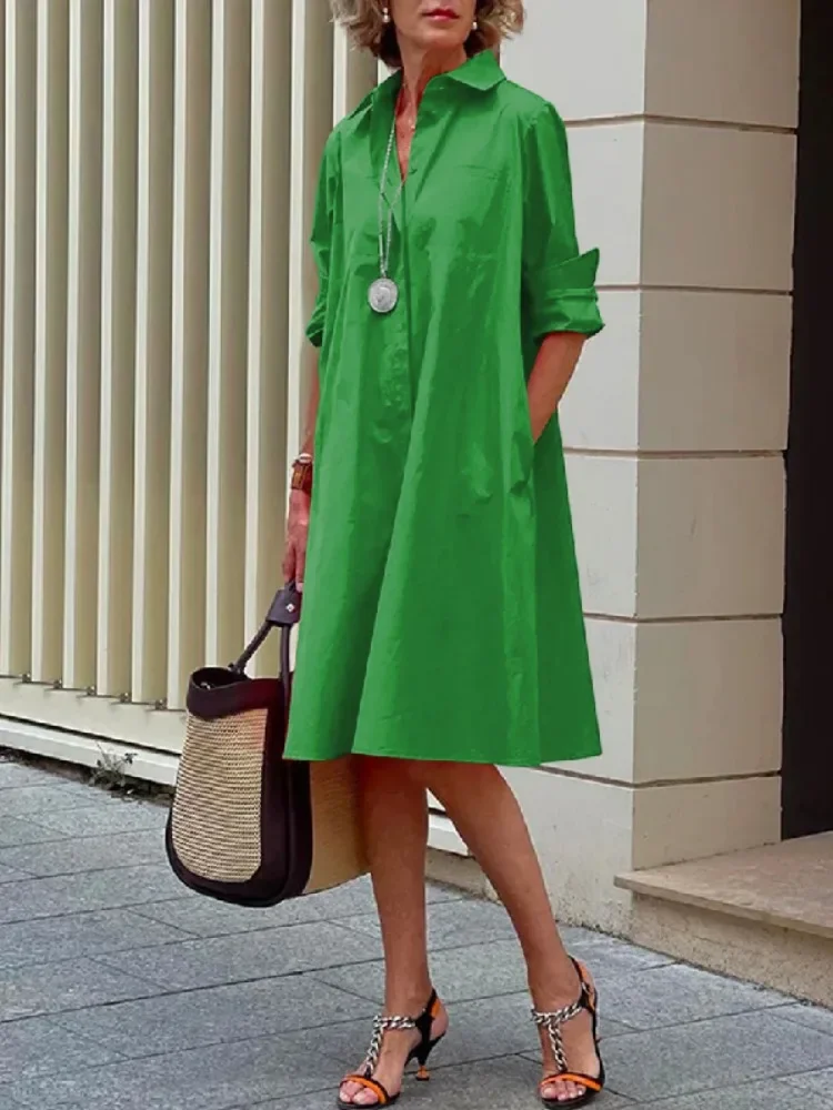 Lemongor 2025 New Lapel Shirts Dress For Women Fashion Solid Color Long Sleeves Urban Casual Office Commute Midi Dresses