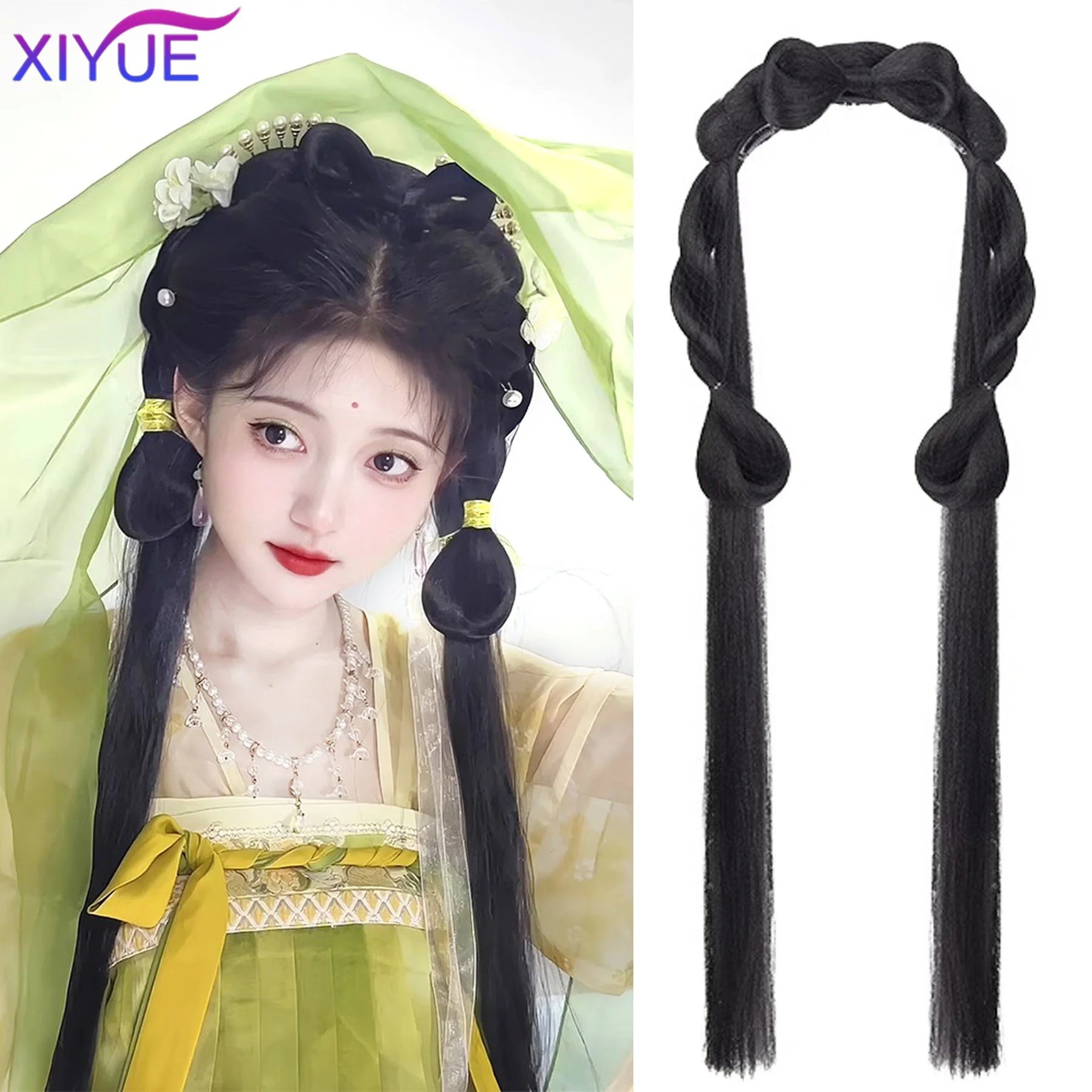 

Vintage Wig Women Ancient Wig Antique Modelling Cos Pad And Flower Wig Package Long Braids Straight Hair Piece Send out Bun